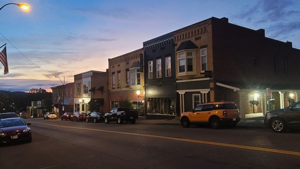 Historic downtown Millersburg, Ohio storefronts along Jackson Street in autumn