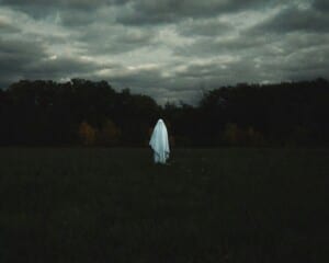 A lone ghostly figure draped in white stands in a dark, misty Ohio field at dusk